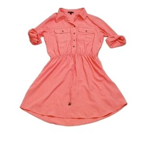 Bebop Juniors Shirt Dress Sz L Pink Melon Button Up Collar Roll Up Sleeves Light
